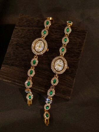 1pc New Elegant Emerald Green Gemstone Inlay Rhinestone Vintage Fashion Women's Wristwatch, Oval Dial, 30M Waterproof, Casual Style Suitable For Daily Wear, Party, Holiday, Gift