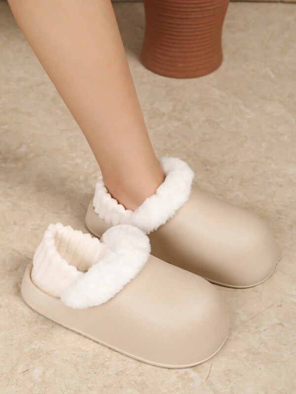 Women's Thick Sole Thermal Lined Non-Slip Waterproof Indoor Outdoor Warm Plush Slip-On Slippers For Winter