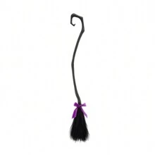 Witch Magic Broom - With Three Ribbons In Purple, Orange And Green, Witch Broom And Ribbon, A Favorite Photo Booth Accessory For Halloween Decoration Parties - Black - View 1