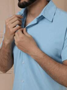 Men's Basic Plain Hawaiian Dress Shirt Summer 2024 - 淺藍色 - 查看 3