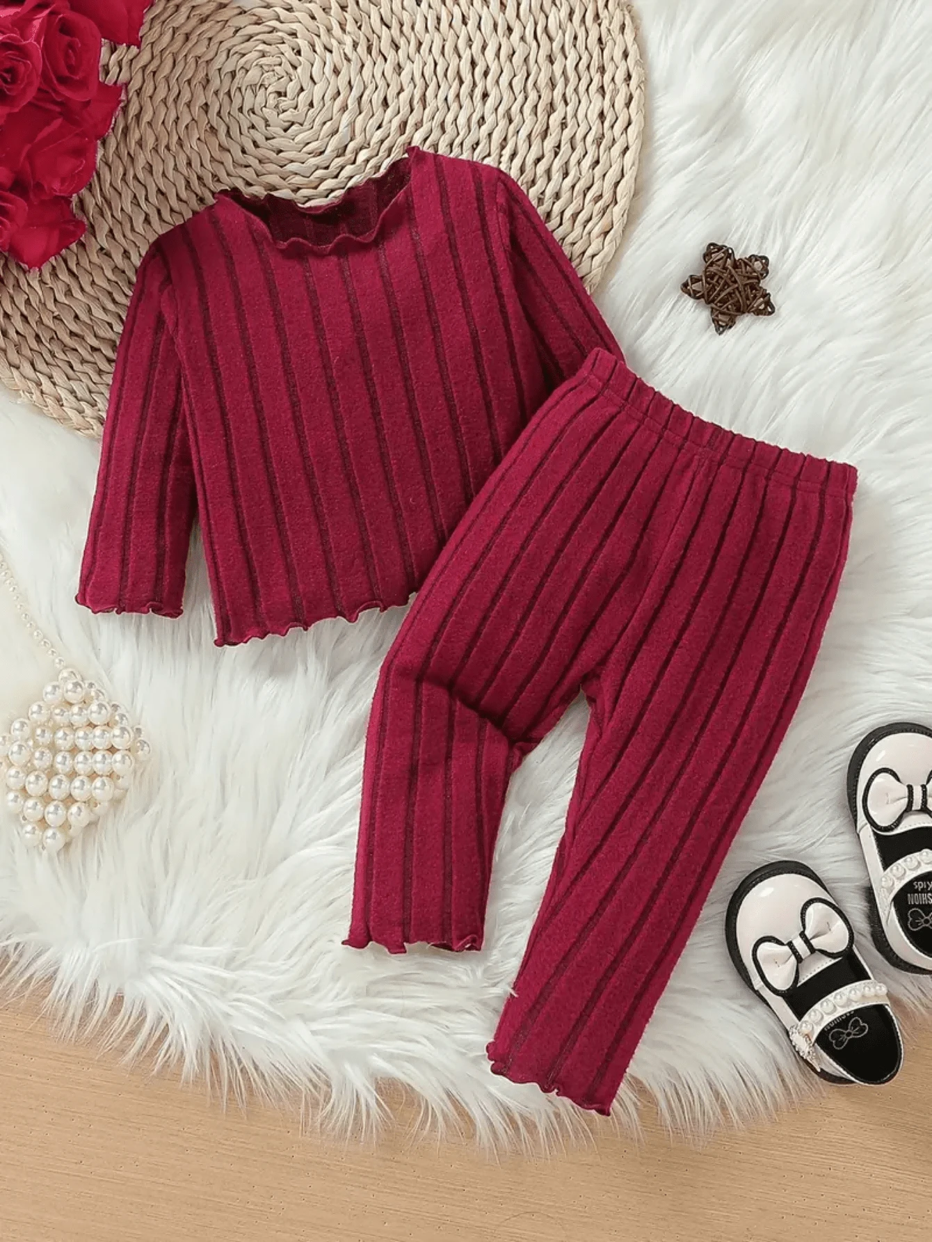 2 件套年轻女孩休闲罗纹针织圆领长袖上衣和裤子套装，秋季 - 紅色 - 查看 1