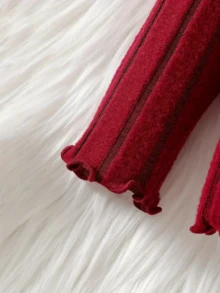 2 件套年轻女孩休闲罗纹针织圆领长袖上衣和裤子套装，秋季 - 紅色 - 查看 7