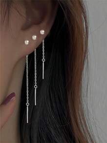 3pcs/Set Chain Design Pendant & Earrings, Elegant & Minimalist Style, Zinc Alloy With Silver Plating, Fashionable Gift For Women - Silver - View 6