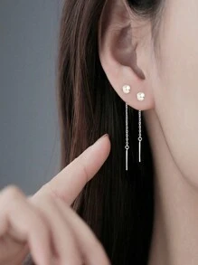 3pcs/Set Chain Design Pendant & Earrings, Elegant & Minimalist Style, Zinc Alloy With Silver Plating, Fashionable Gift For Women - Silver - View 2
