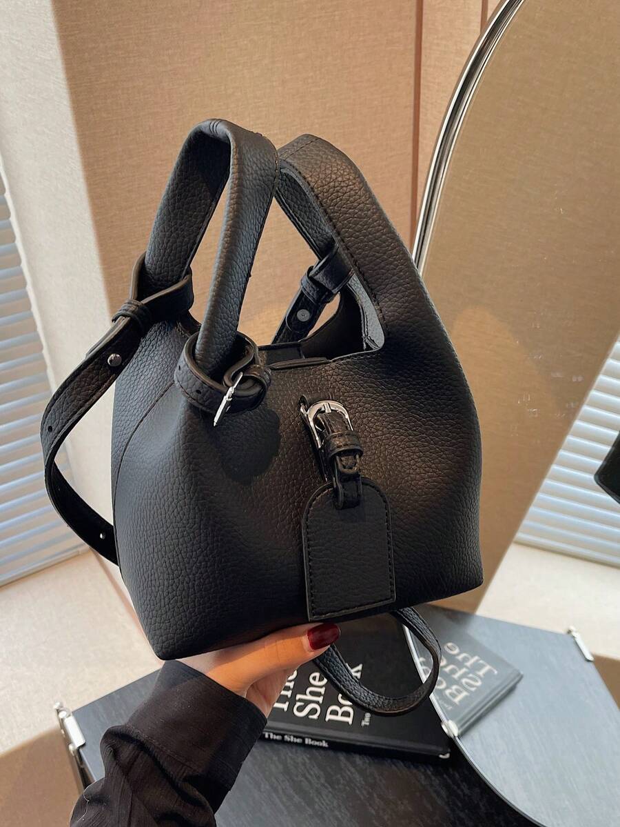 Túi xách vải Lychee Texture mới, Túi đeo vai đơn giản, Túi xách nữ thời trang màu trơn - màu đen - Xem 1