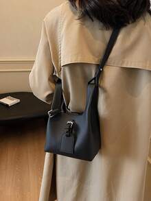 Túi xách vải Lychee Texture mới, Túi đeo vai đơn giản, Túi xách nữ thời trang màu trơn - màu đen - Xem 5