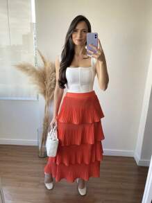 4 Layer Pleated Skirt S-1 - Burnt Orange - View 2