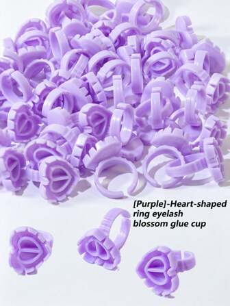 50 件/100 件紫色睫毛延长胶杯心形和三角形滴水工具用于睫毛延长纹身用品或美容院延长粘合剂支架粉色胶环