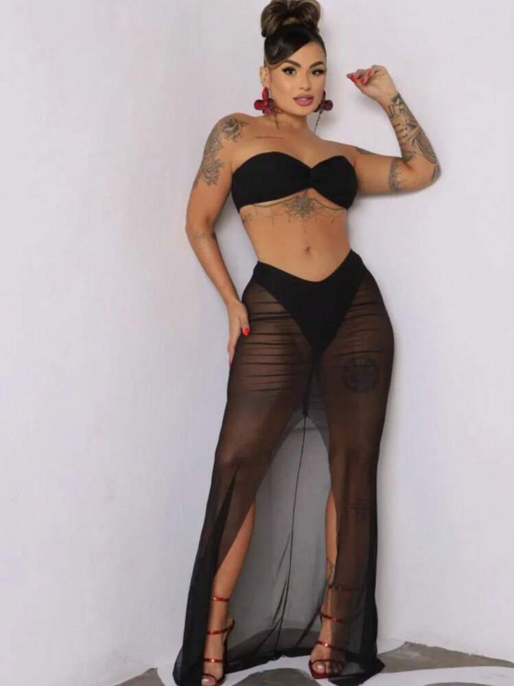 Women's Three-Piece Cropped Set With Transparent Skirt And Mermaid Tri-Set Panties New Year's Eve Elegant And Modern Launch - Black - View 3