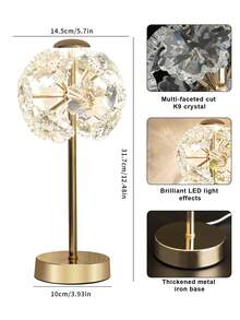 Tiworld 1 Pc K9 Crystal Lamp Shade, Decorative Table Lamp, Mainly In Gold Tone, 3-Color Adjustable Lighting (Light Source Included), Suitable For Home Bedroom, Living Room, Dining Room, Study Room And More