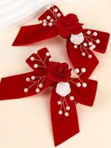 2 件装红色天鹅绒发夹女士珍珠花蝴蝶结鳄鱼夹女孩小辫蝴蝶结发夹秋冬发夹新年发夹女士发饰 - 紅色 - 查看 3