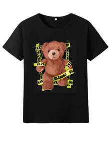 Una camiseta masculina estampada de oso de peluche de cuello redondo blanco de verano - Negro - Ver 3