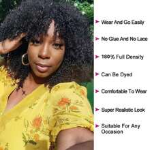 Brazilian Afro Kinky Curly Human Hair Wig With Bangs 180% Density Natural Black Color Glueless Short Afro Curly Human Hair Machine Made Wig For Women Daily Use - Natural Black - View 5