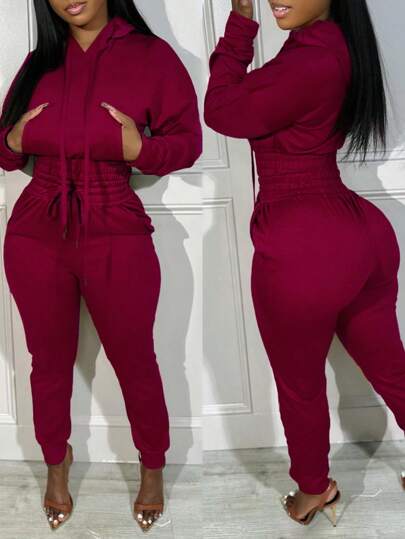 Shirred Pocket Design Crop Hoodie & High Waist Cuffed Sweatpants Set