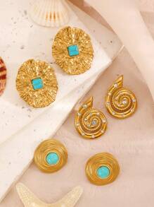 1 Cặp Hoa tai đinh tán xoắn bằng thép không gỉ thiết kế kim loại Châu Âu & Mỹ màu xanh ngọc lam mới thời trang, phù hợp cho trang phục hàng ngày, tiệc tùng, đám cưới hoặc làm quà tặng của phụ nữ - Vàng - Xem 4