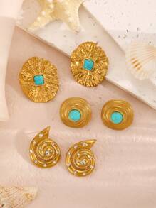 1 Cặp Hoa tai đinh tán xoắn bằng thép không gỉ thiết kế kim loại Châu Âu & Mỹ màu xanh ngọc lam mới thời trang, phù hợp cho trang phục hàng ngày, tiệc tùng, đám cưới hoặc làm quà tặng của phụ nữ - Vàng - Xem 2