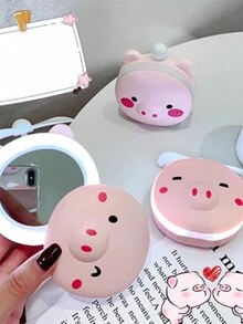 Small Fan Mirror Pink Pig Super Cute Portable Beauty Mirror With Beauty Lamp Handheld Mini USB Interface Beauty Gift - Bụi hồng - Xem 2