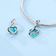 925 Sterling Silver Aquamarine Heart Charms Pendant Fit Bracelet Necklace DIY Beads Guarding Love Charms Fine Jewelry Women Birthday Gift Valentines - Silver - View 3