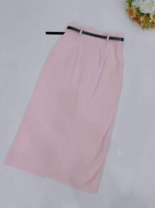 Midi Skirt With Belt High Waist Slit - Baby Pink - View 5