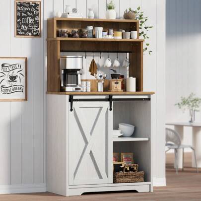 Farmhouse Coffee Bar Cabinet With 3 Tie Storage Hutch, 56 Inch Coffee Bar With 6 Hooks, White Small Coffee Station With Sliding Barn Door, Coffee Bar Table With Adjustable Shelves For Living Dining Room