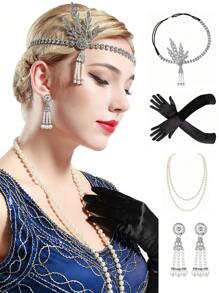 4pcs 1920s Flapper Gatsby Costume Accessories Set 20s Flapper Feather Headband 20s Sequin Shawl Vintage Faux Pearl Necklace Gloves Rhinestone Earrings Party Headpiece For Women Prom