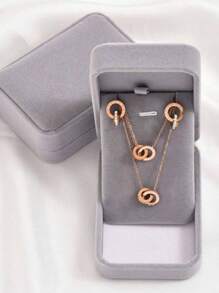 4 件镀金不锈钢礼盒包装方晶锆石罗马数字双圈设计吊坠项链手链耳环套装，简约休闲，适合女性、情侣、母亲和重要人物在各种节日和周年纪念日圣诞礼物 - 雙環 - 查看 3