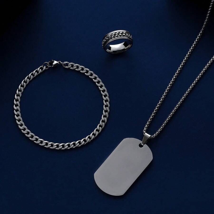 3pcs/Set Men Hip Hop Military Tag Pendant Necklace, Bracelet & Ring Set