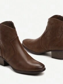 C&L.Fashion Plain Color Side Zipper Fashion Versatile Ankle Boots, Suitable For Autumn And Winter Wear - Coffee Brown - View 3