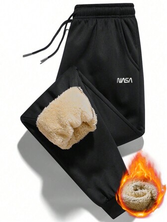 Men's Plush Thermal Lined Printed Casual Joggers With Drawstring Waist, For Fall Winter