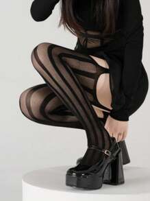 1 Pair Y2K Style Women Black Fishnet Stockings, Mesh Tights Seamless Pantyhose