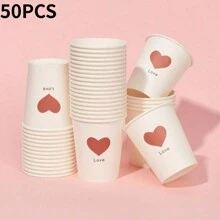 50PCS Simple Style Love Pattern Paper Cups Thickened Office Household Commercial Drink Cups Anti-Slip And Leak-Proof 250ML Disposable Paper Cups Suitable For Family Dinners, Outdoor Camping And Office