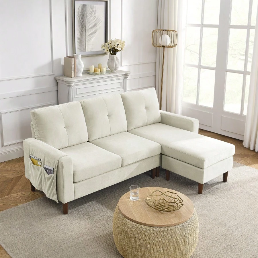 80" Convertible Sectional Sofa Couch, 3 Seats L-Shape Sofa With Removable Cushions And Pocket, Rubber Wood Legs, Beige Chenille - 米色+雪尼爾如圖 - 查看 1