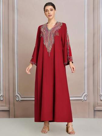 Cross-Border Colorful Embroidered Robe, Handmade Pearl Elegant Dress, Turkish Plus Size Women Clothing, Red Kaftan Abaya Modest Long Sleeve Arabian Dress BC4602 (Custom)