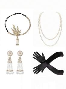 4pcs 1920s Flapper Gatsby Costume Accessories Set 20s Flapper Feather Headband 20s Sequin Shawl Vintage Faux Pearl Necklace Gloves Rhinestone Earrings Party Headpiece For Women Prom