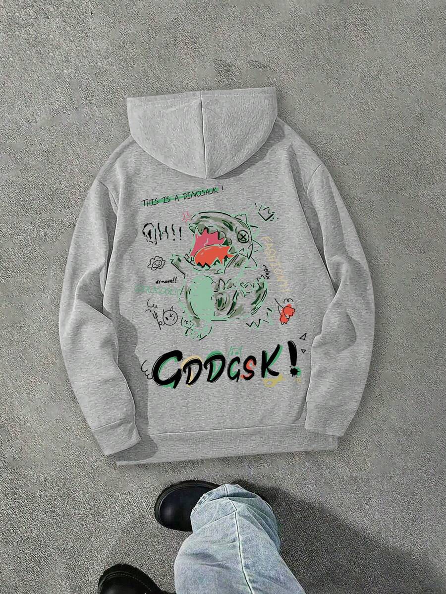 Sweatshirts amples pour adolescents garçons, manches longues, imprimé de dinosaure de dessin animé et lettres Y2K, sweatshirts graphiques décontractés, pull oversize, nouveaux styles pour l'automne et l'hiver - Gris - Voir 1