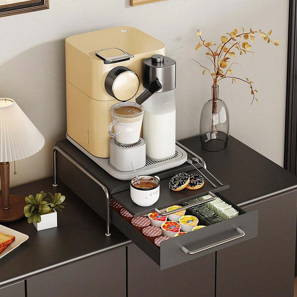 1pcCoffee Pod Storage Box With PullOut Tray, Coffee Machine Stand