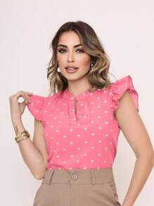 MARILYN MONNA Women's Heart Print Blouse With Ruffle V-Neck Elegant Sleeve Notched Neckline - Rosado Sandía - Ver 4