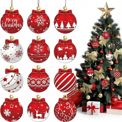 12pcs Creative Christmas Ball Wooden Card Hanging Ornaments Set, Christmas Tree Decorations, 2D Flat Wooden Plaque Hanging Decor For Christmas, New Year, Birthday, Wedding, Anniversary, Holiday Celebration Party, Indoor & Outdoor