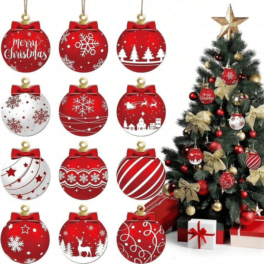 12pcs Creative Christmas Ball Wooden Card Hanging Ornaments Set, Christmas Tree Decorations For Christmas, New Year, Birthday, Wedding, Anniversary, Holiday Celebration, Party, Indoor & Outdoor Decor