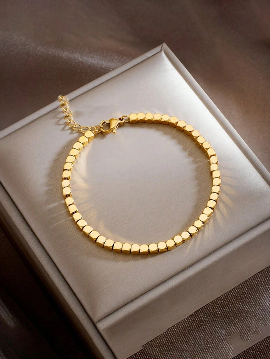 1pc Stainless Steel Square Beaded Necklace, Fashionable Gold Color, Suitable As A Gift - necklace - View 1