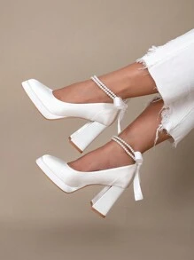 Women's Mary Jane Platform Thick Sole Waterproof Wedge Shoes, Pearl Bow Accent, White Satin, High Heel, Suitable For Party, Wedding - White - View 3