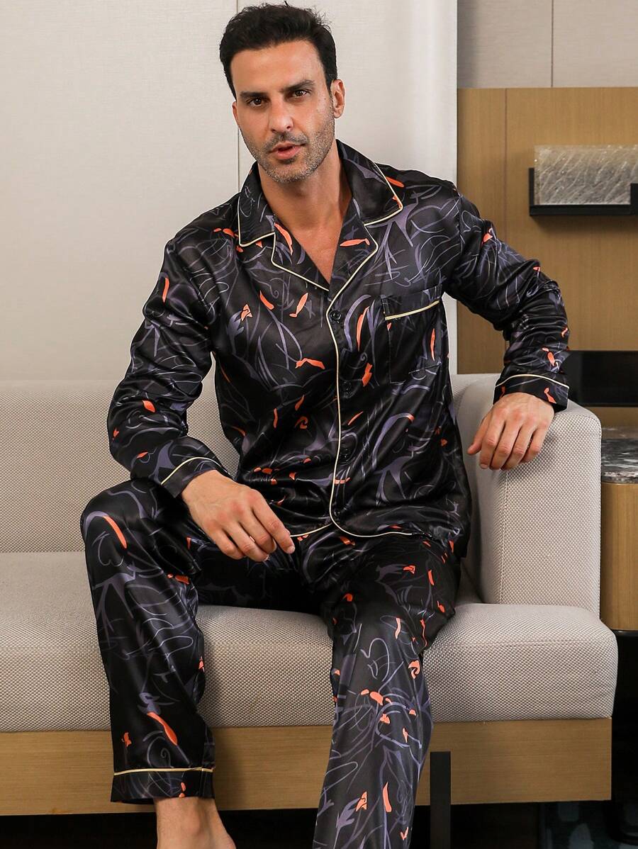 男士两件套黑色背景橙色印花翻领长袖上衣和裤子睡衣套装适合所有季节 - 黑色 - 查看 1