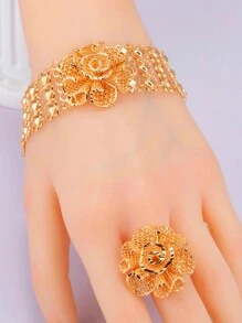 1 set/2 piezas Juego de joyería de brazalete y anillo con forma de rosa 3D chapado en oro de 18k elegante para mujer, estilo India Dubai, color dorado, adecuado como regalo de novia, dama de honor, bendición o San Valentín