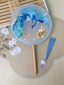 1 Stück vintage Handventilator, chinesischer runder Fächer mit Seide-Stickerei, Kranich-Blumen Heim- und Raumdekoration, Tanzfächer mit Quasten, Party-Requisiten, Weihnachts-, Valentinstags- und Neujahrgeschenk