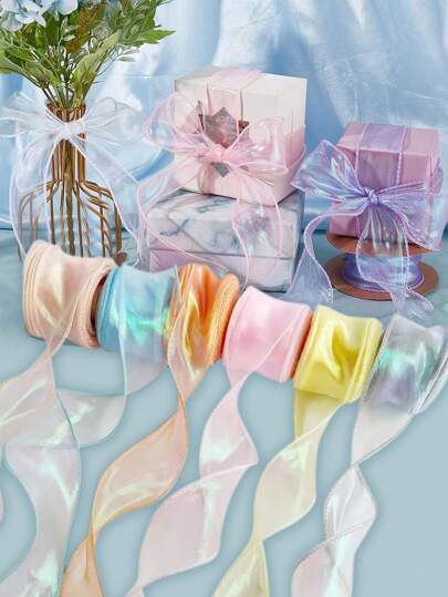 10Yards 4CM Iridescent Organza Ribbon Sheer Wide Craft Decorative Ribbon For Flowers Floral Bouquets Garlands Wedding Birthday Party Christmas Gift Wrapping Hair Bows Decors Ornaments