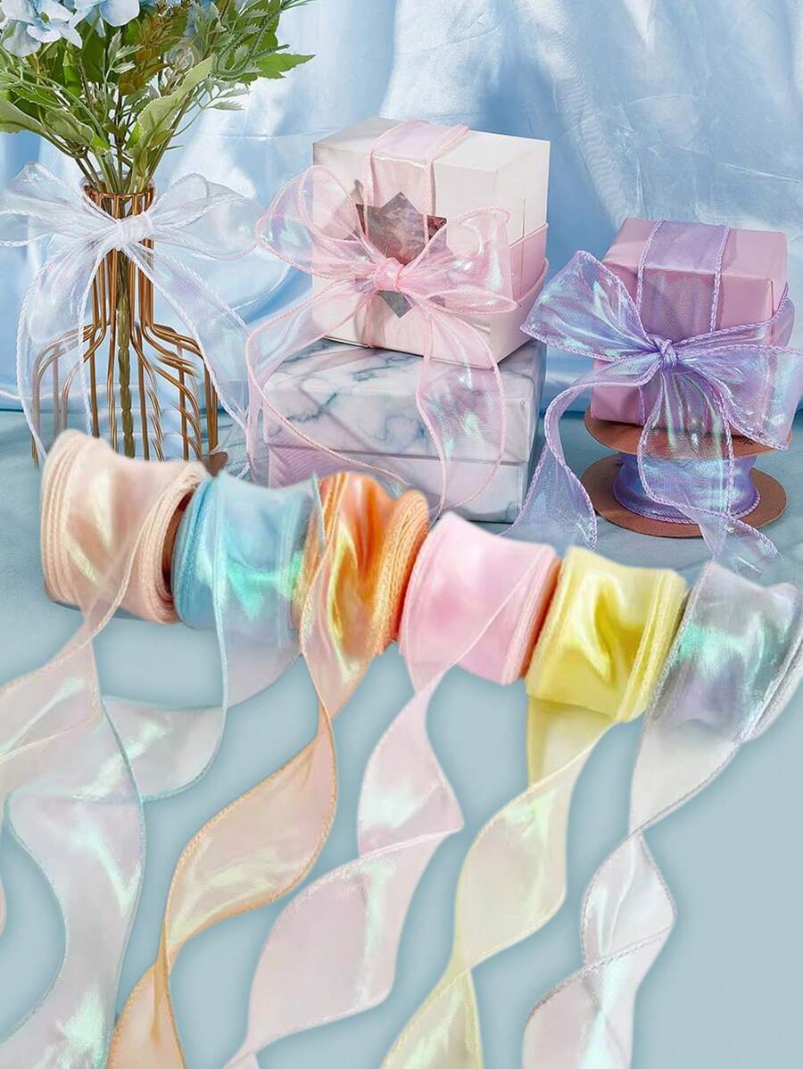10 Yardas 4CM Cinta de organza iridiscente transparente y ancha para decoración de flores, ramos, guirnaldas, bodas, fiestas de cumpleaños, regalos de Navidad, lazos para el cabello y decoraciones