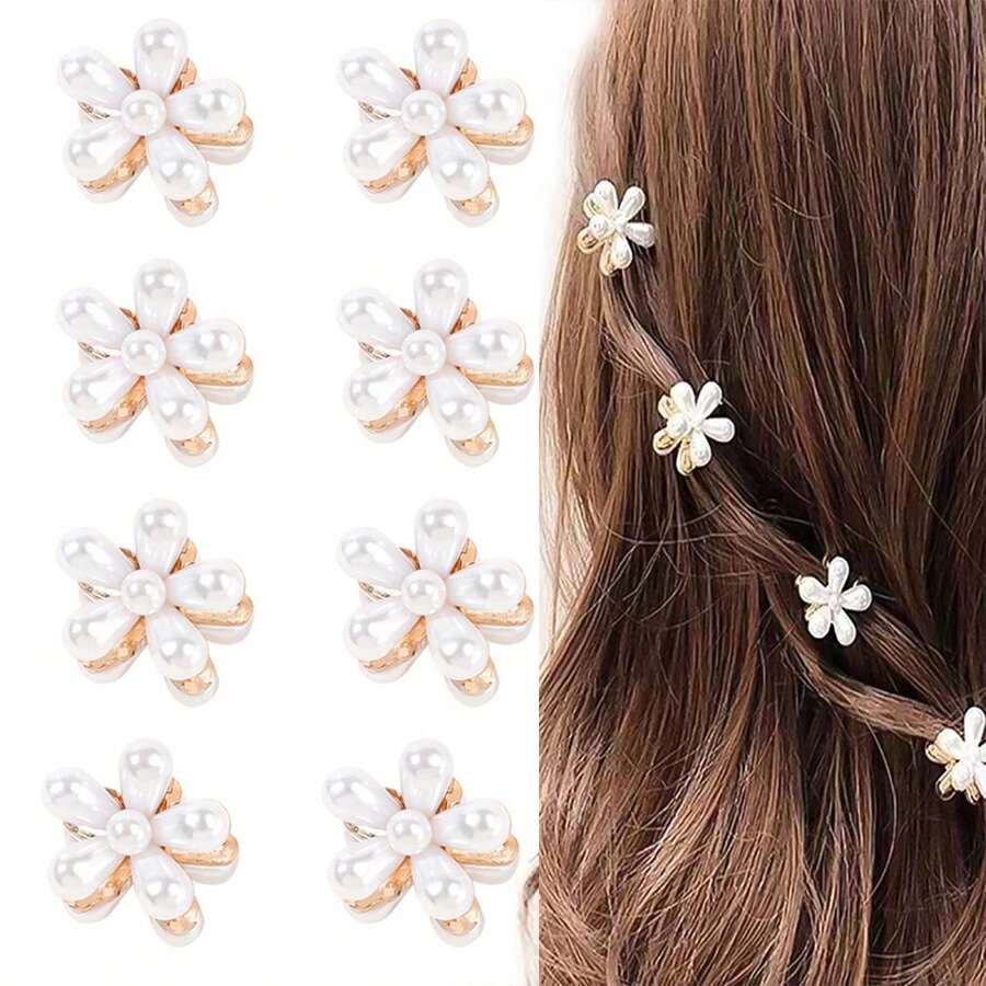 8 件优雅金属花朵迷你发夹，珍珠发饰，适合女士刘海 - 白色 - 查看 1