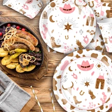 Western Cowgirl Theme Cartoon Pink Cowgirl Pattern Disposable Tableware Set, Including 7/9 Inch Paper Plates, Napkins, Cups, Tablecloth, Suitable For Birthday Party, Wedding, New Year, Party, Picnic Back To School Valentine's Day