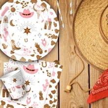 Western Cowgirl Theme Cartoon Pink Cowgirl Pattern Disposable Tableware Set, Including 7/9 Inch Paper Plates, Napkins, Cups, Tablecloth, Suitable For Birthday Party, Wedding, New Year, Party, Picnic Back To School Valentine's Day