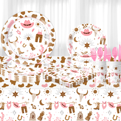 Western Cowgirl Theme Cartoon Pink Cowgirl Pattern Disposable Tableware Set, Including 7/9 Inch Paper Plates, Napkins, Cups, Tablecloth, Suitable For Birthday Party, Wedding, New Year, Party, Picnic Back To School Valentine's Day